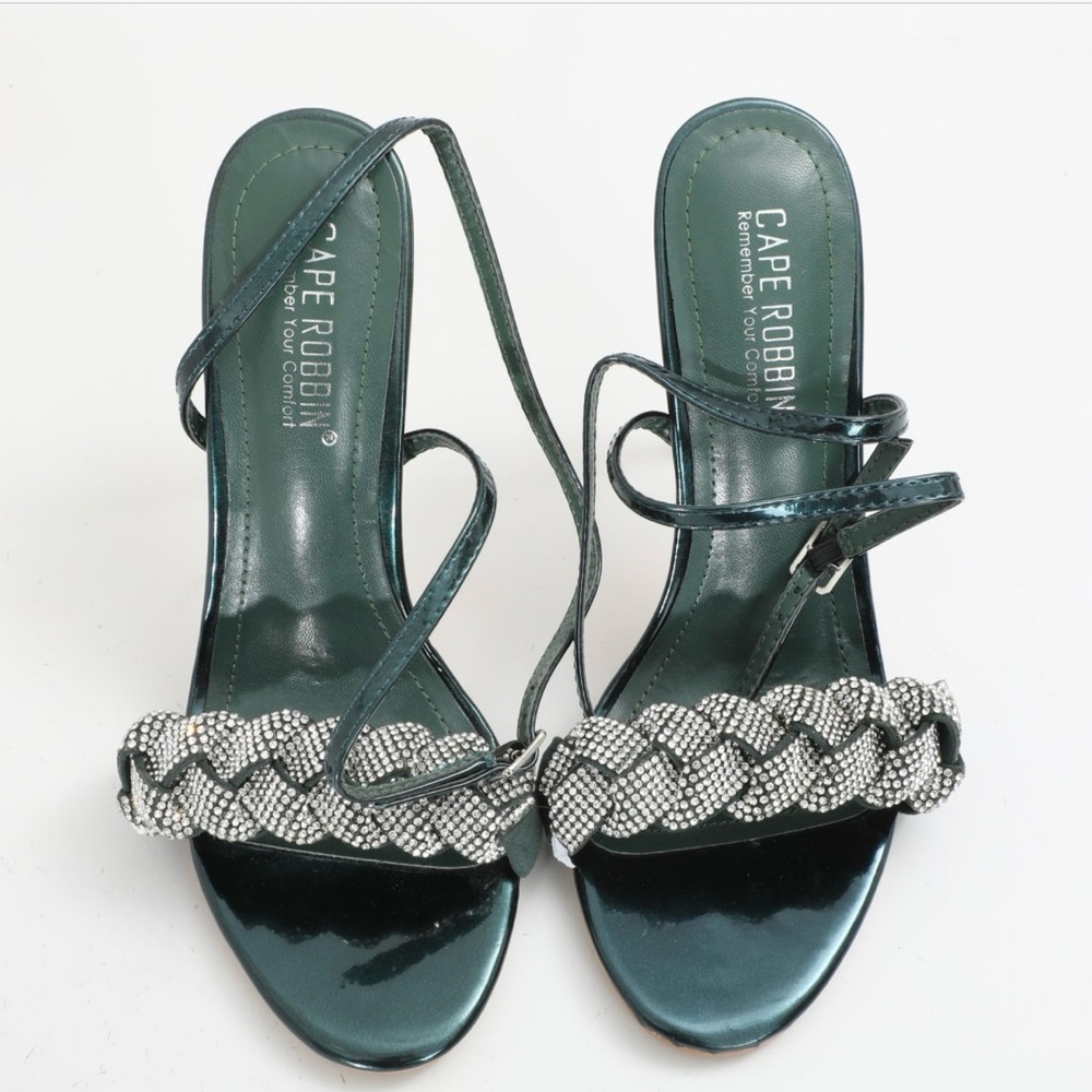 Cape Robbin Stiletto Heel Sandals in Green and Silver Braided Rhinestone Strap